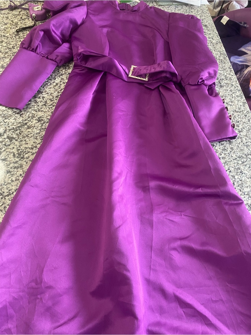 Purple Puff-Sleeve Midi Dress with Rhinestone Belt - Picture 5 of 9